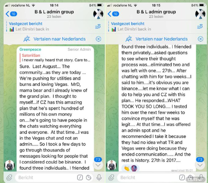 Two screenshots of a Telegram chat titled 'B & L admin group' display a message from user 'Greenpeace' discussing being recruited as an admin for the Telegram groups 'CZ' and '27th'.