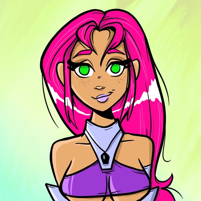 Cartoon-style digital illustration of a girl with bright pink hair, freckles, and green eyes wearing a purple top and a crystal pendant against a light green background.