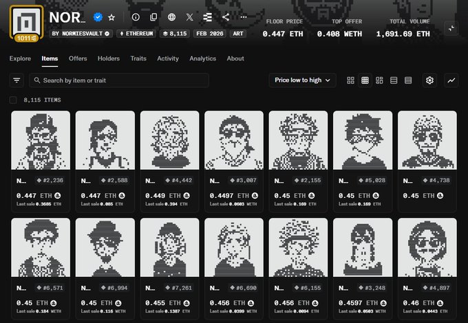 The image shows a computer screen displaying a page from a website called NORMES 1ETH, which seems to be related to cryptocurrency or blockchain technology. The website has a black background with white text that reads "NORMIES 1ETH" at the top of the screen and "my office's NORMIES 1ETH soon..." below it. There are also several other posts on the site, including one titled "NORMIES 1ETH" and another titled "NORMIES 1ETH by my office". The image is in black and white, which adds a vintage or retro feel to the overall presentation of the website.