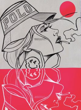 A stylized illustration of a person wearing a bucket hat labeled 'POLO', smoking a cigarette, with a red sun in the background and a second figure rendered in pink tones below.