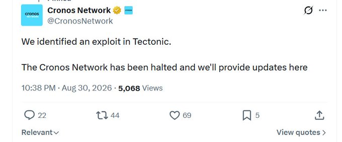 A tweet from Cronos Network (@CronosNetwork) stating 'We identified an exploit in Tectonic. The Cronos Network has been halted and we'll provide updates here,' dated August 30, 2026.