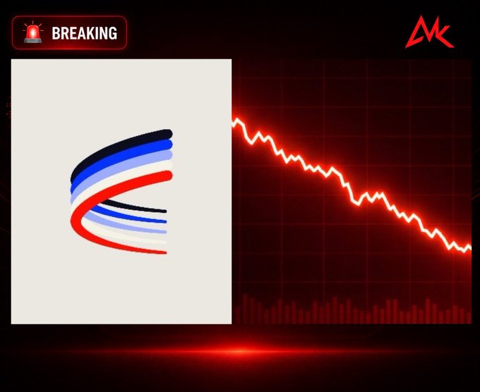 A breaking news graphic featuring a red downward-trending chart and a logo resembling that of Zilliqa (or a similar crypto project).