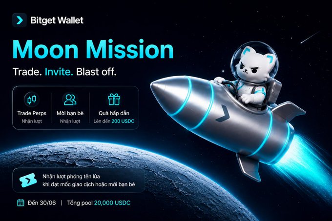 The image features a cartoon cat wearing a spacesuit, riding a rocket ship through space with blue flames coming out of its back. The background shows a planet surrounded by stars, creating an otherworldly atmosphere. The caption below the image reads "Moon Mission" in both English and Vietnamese, indicating that it is related to a mission or event involving the moon.