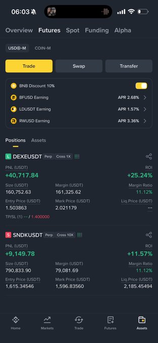 A cryptocurrency trading app screenshot showing positions on 'DEXEUSDT Perp' with a PNL of +40,717.84 (+25.24%) and 'SNDKUSDT Perp' with a PNL of +9,149.78 (+11.57%).