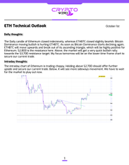 An 'ETH Technical Outlook' page for Ethereum Classic (ETC/USD) showing a 'Bearish' outlook with a price chart and analysis suggesting sideways price action around $15.87.