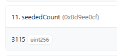 The image shows a blockchain transaction entry labeled "11. seededCount (0x8d9ee0cf)" with a value of "3115 uint256." It corresponds to the post's mention of "3115/7777 seeded," confirming the on-chain progress of the seeding phase for the upcoming games, which is being delayed due to unstable gwei.