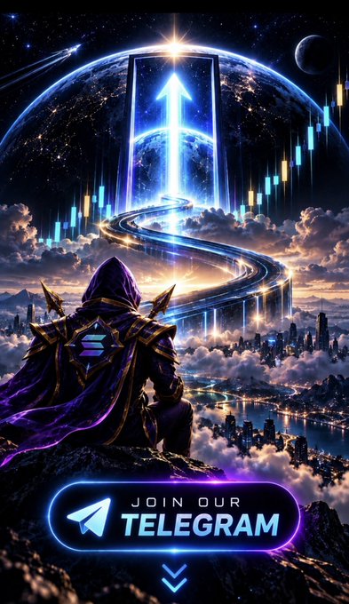 A hooded figure gazes at a glowing upward arrow piercing a portal above a mystical cityscape, with a "JOIN OUR TELEGRAM" button at the bottom. The cosmic imagery and soaring arrow symbolize the bold crypto gains promised in the post.