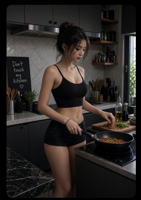 Young woman with dark hair in a bun, wearing a black crop top and shorts, cooking vegetables in a pan in a modern dark kitchen with a chalkboard sign reading 'Don't touch my kitchen. ♡'