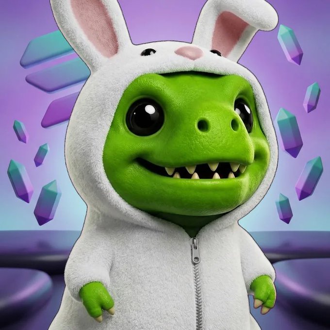 A 3D-rendered green reptilian creature wearing a fluffy white bunny onesie with pink-lined ears stands against a purple background with floating blue and purple crystals.