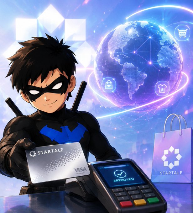 An anime-style illustration of a masked character holding a "STARTALE" Visa card next to a payment terminal displaying "APPROVED" with a digital globe in the background.