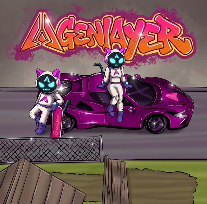 A graffiti-style illustration titled 'AGENLAYER' featuring two cat-eared astronaut figures with 'A' logo helmets posing next to a purple sports car, with one holding a skateboard.