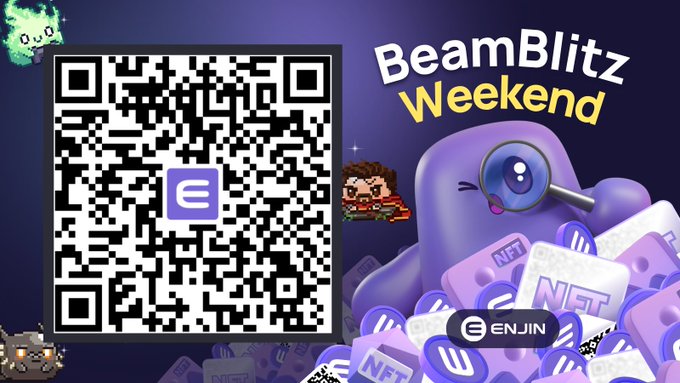 A promotional graphic for "BeamBlitz Weekend" features a Beam QR code alongside a purple blob character holding a magnifying glass, surrounded by NFT and Enjin coin tokens, with pixel art characters from Lost Relics and The Six Dragons. The image ties to the post's call to action, encouraging users to scan the QR code or visit the provided Enjin link to claim limited-edition Adventurer or Dragon Blob NFTs.