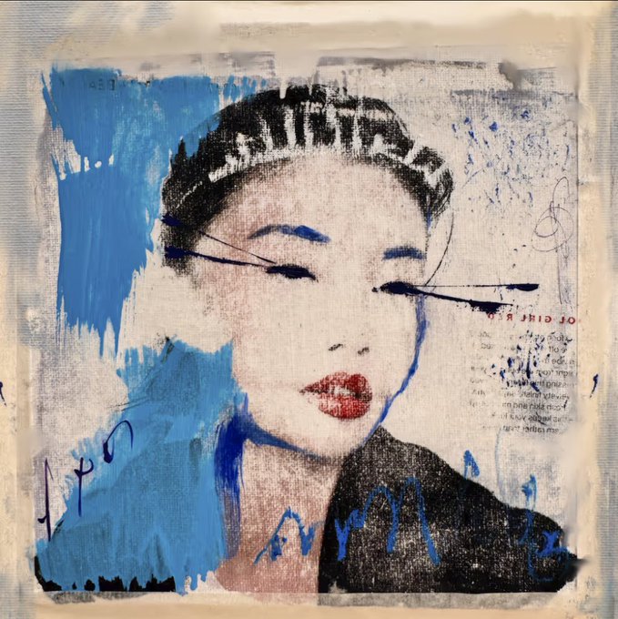 A mixed-media artwork depicting a woman's face with closed eyes and red lips, rendered in black and blue tones with newspaper text incorporated into the background.
