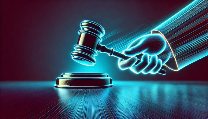 A stylized, neon-blue glowing hand swings a judge's gavel onto a sounding block against a dark, streaked background.
