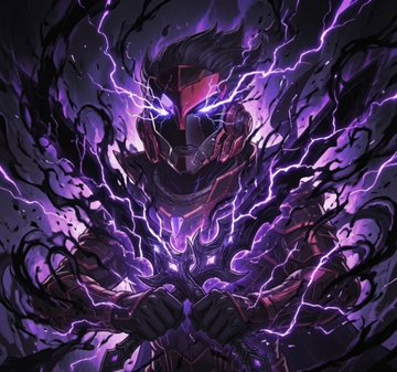 A dark, stylized digital illustration of an armored figure with a horned, demonic helmet wreathed in purple lightning and shadowy tendrils.