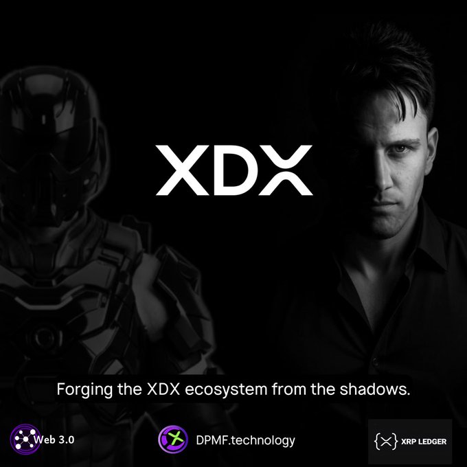 The post features a dramatic black-and-white promotional graphic for the XDX ecosystem, displaying the bold "XDX" logo centered between a futuristic armored figure on the left and a sharply-dressed man (likely Daniel, CEO of DPMF) on the right, with the tagline "Forging the XDX ecosystem from the shadows" and partner logos for Web 3.0, DPMF.technology, and XRP Ledger at the bottom. The image visually reinforces the post's message about behind-the-scenes development work continuing in the CEO's absence, symbolizing the shadowy, tireless effort building toward upcoming XDX releases.