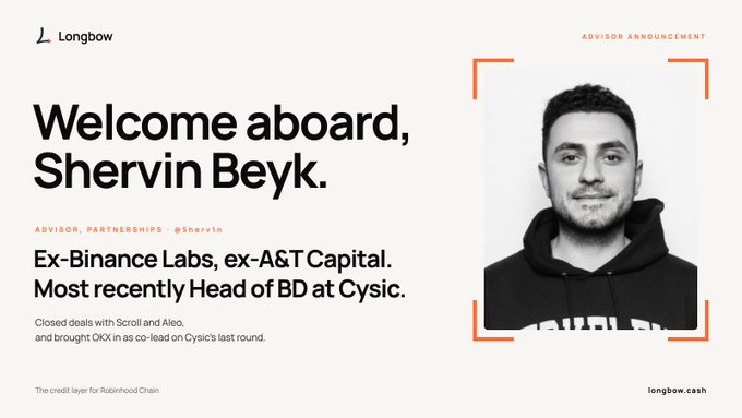 An announcement card from Longbow saying 'Welcome aboard, Shervin Beyk' as an Advisor/Partnerships, noting his background at Binance Labs, A&T Capital, and most recently Head of BD at Cysic.