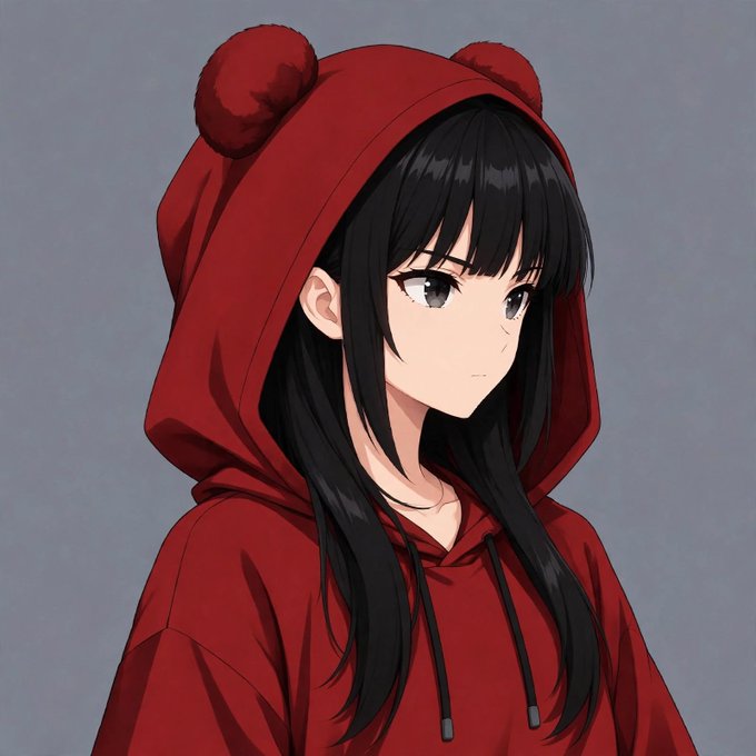 An anime-style illustration of a girl with long black hair wearing a red hoodie with bear ears on the hood, set against a gray background.