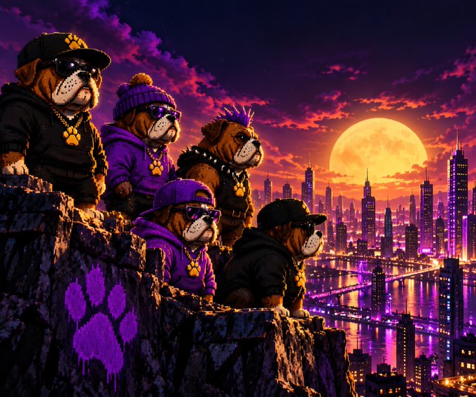 A digital artwork showing five bulldogs wearing sunglasses, caps, and hoodies sitting on a rocky cliff overlooking a neon-lit cyberpunk city at sunset.
