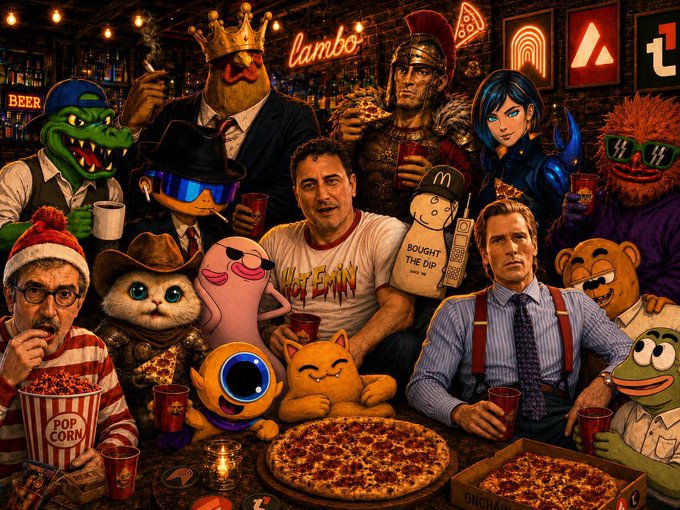 A diverse group of internet memes, characters, and pop culture icons—including a Hot Topic employee, a Fat Albert figure, Toad from Mario, the Burger King mascot, and various Muppets—gather around a table of pizza and popcorn, with a man wearing a "BOUGHT THE DIP" shirt seated among them. Visible text includes "Lambor," "BEER," "HOTT," and "ONCHAIN," and the "BOUGHT THE DIP" apparel ties into the post's meme humor about non-AVAX crypto communities dismissing retail culture outside their own.