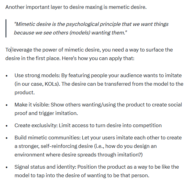 A text excerpt discussing "mimetic desire," with the quote "Mimetic desire is the psychological principle that we want things because we see others (models) wanting them," followed by bullet points on leveraging this concept.