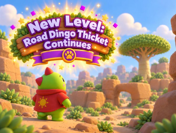 A green, red-horned character with a sun-emblazoned red cloak stands before a rugged savanna landscape, beneath a banner reading "New Level: Road Dingo Thicket Continues." The scene ties to the post's theme of venturing deeper into Dingo territory in Sleepagotchi, where the terrain grows tougher and the "Wild Fellows" signal that intruders aren't welcome.