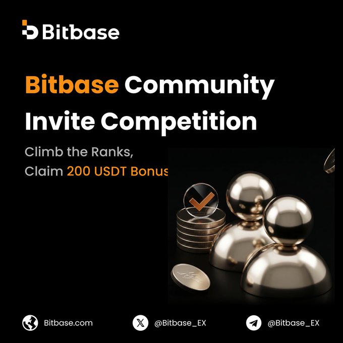 The image is a promotional graphic for the Bitbase Community Invite Competition, featuring the Bitbase logo and the text "Climb the Ranks, Claim 200 USDT Bonus," accompanied by a 3D render of gold coins and spheres with a checkmark. It visually reinforces the post's call to action by advertising the exchange's invite championship and 200 USDT prize pool, which is distributed among top referrers.