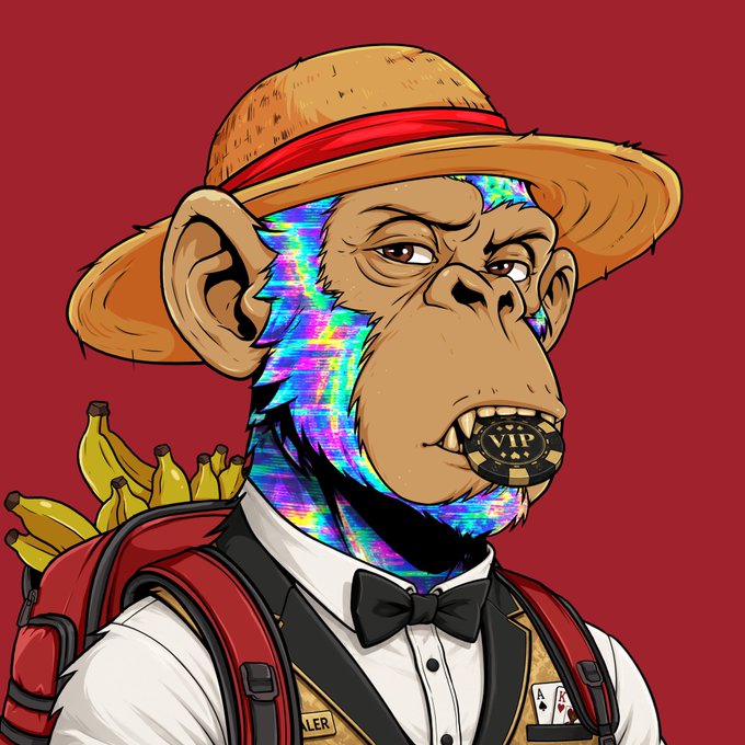 A cartoon illustration of a monkey character wearing a straw hat, a white shirt with a bow tie, and a red backpack filled with bananas, featuring glitch-effect rainbow fur and a VIP coin in its mouth.