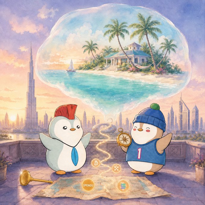 Watercolor-style illustration of two penguins (Pudgy Penguins NFTs) with a thought bubble showing a tropical island, overlooking a city skyline with crypto token icons including BTC, XRP, SOL, and $PENGU.