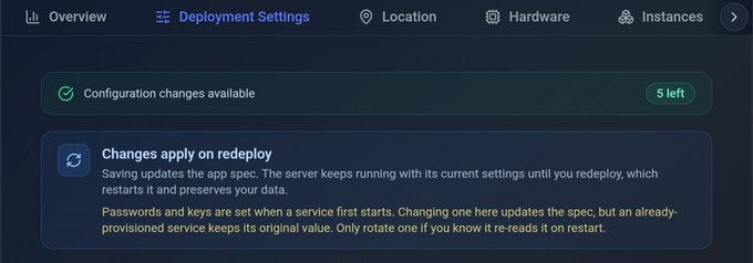 A dark-themed dashboard interface showing a "Deployment Settings" tab with a message indicating "Configuration changes available" (5 left) and a notice that changes apply on redeploy, affecting app spec updates.