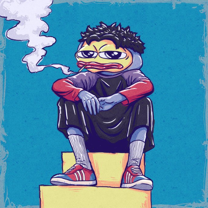 An illustration of a cool, cartoonish character with a yellow face and dark hair sitting on a yellow pedestal, wearing a purple shirt, black pants, and red sneakers while smoking a cigarette. The image serves as promotional artwork for the upcoming "autistic arts" NFT mint, reflecting the edgy, laid-back aesthetic associated with the collection.