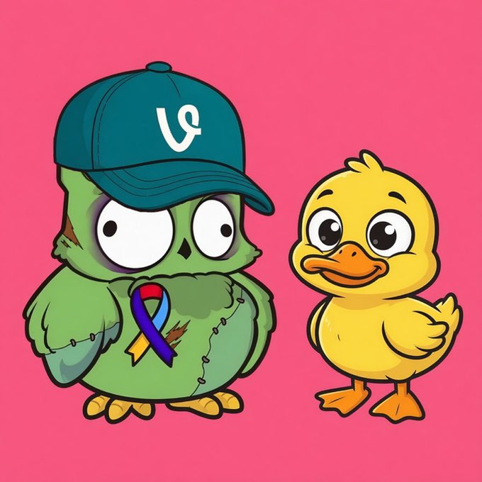 The image features a cartoon owl wearing a hat, standing next to a cartoon duck that has a ribbon around its neck. The text in the image reads "Good morning guys! Let'S seize the new week in front of us I will be focusing on getting pally with my little duck friend to improve my @wallchain score What are you grinding for today?". This post seems to be promoting an awareness campaign or a charity event related to breast cancer, as indicated by the ribbon around the duck's neck. The owl and the duck together symbolize unity in raising awareness about this cause.