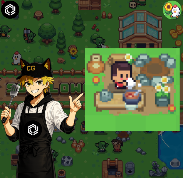 An anime-style character with cat ears and a 'CG' cap holding a spatula, posing in front of a pixel-art farm game scene with a smaller inset of a character in a garden.
