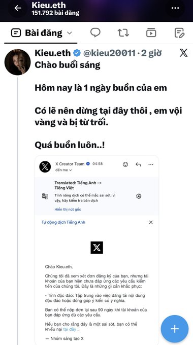 A social media post from Kieu.eth (@kieu2001) expressing sadness, with a translation snippet below it indicating 'Tiếng Việt'.