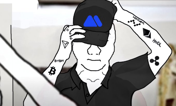 A black and white cartoon-style illustration of a man wearing a black cap with a blue logo, with various cryptocurrency-related tattoos on his arms, including Bitcoin, Ethereum, Solana, and Ripple logos, plus text reading "DENTACUNG" and "HOOL".