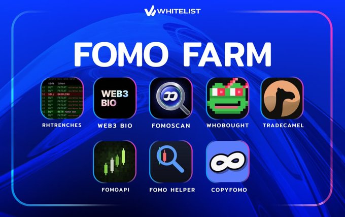 A blue promotional graphic titled 'FOMO FARM' for Whitelist features app icons labeled RHTRENCHS, WEB3 BIO, FOMOSCAN, WHOBOUGHT, TRADECAMEL, FOMOAPI, FOMO HELPER, and COPYFOMO.