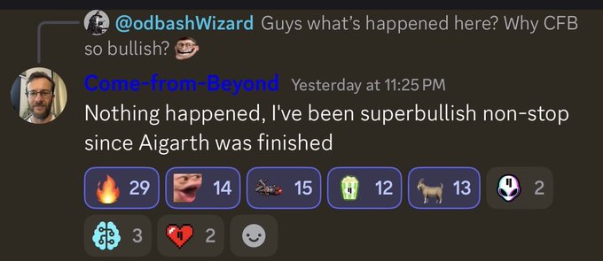 A screenshot of a social media exchange between @odbashWizard and 'Come-from-Bejond' discussing a 'bullish' trend, including reaction emojis with counts like fire 29, flexed bicep 14, and rocket 15.