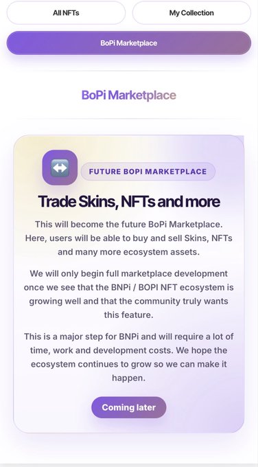 A mobile app screenshot of the BoPi Marketplace titled 'FUTURE BOPI MARKETPLACE' with a 'Coming later' button, describing upcoming features to trade Skins, NFTs, and other ecosystem assets.