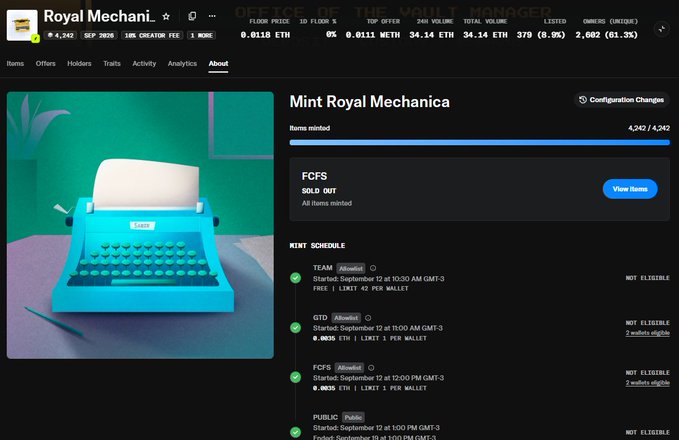 A webpage for 'Mint Royal Mechanica' showing a teal typewriter image, with all minting items sold out and listed at 0.0118 ETH.
