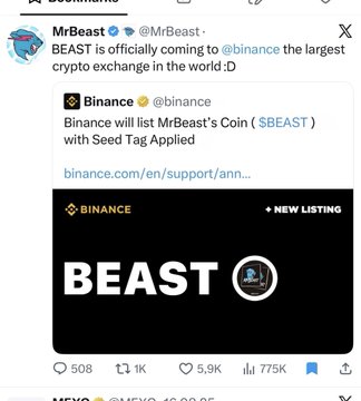 A tweet from MrBeast (@MrBeast) announcing that MrBeast is officially being listed on Binance with the seed tag $BEAST.