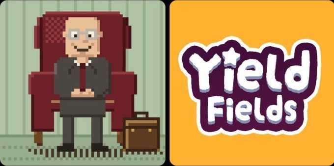 The pixel art image features a bald, bespectacled character in a suit sitting in a red armchair beside a brown briefcase, paired with a purple "Yield Fields" logo on an orange background. This image relates to the post as it appears to showcase the developer "Skarly" and their project "@YieldFields_RH" being highlighted among a group of builders praised for their strong technical skills.