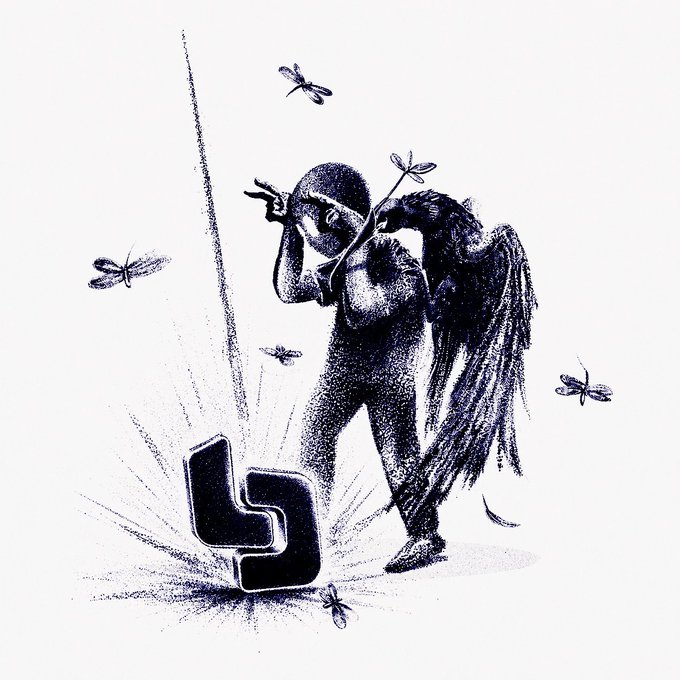 A stylized illustration depicts a winged cherub figure shielding its eyes from an explosion at a damaged 3D block letter 'S' as small winged insects fly nearby.
