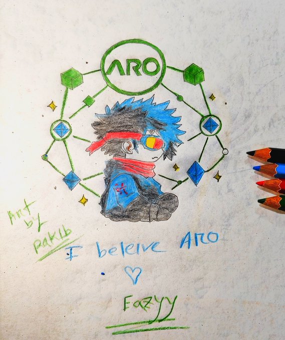 A hand-drawn page features an anime-style character beneath green and blue geometric symbols and the text “ARO,” “I believe ARO,” and “Fazzy.”