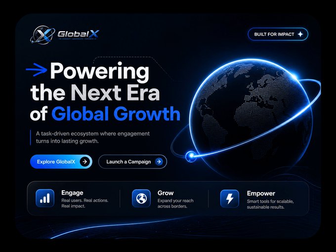 Promotional banner for GlobalX titled 'Powering the Next Era of Global Growth,' describing itself as a task-driven ecosystem with options to 'Explore GlobalX' or 'Launch a Campaign' and features for Engage, Grow, and Empower.