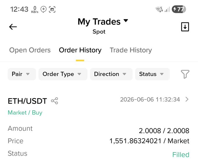 The image displays a cell phone screen with a text-based newsfeed or status page from an investment trading app for ethers (ETH). The description of the text reads: "I bought 2 ETH at $1,551 each. I hope that in the next bull run, each eth will reach around $4,500 to $5,000". This message seems to be related to the Ether price and market activity surrounding it.