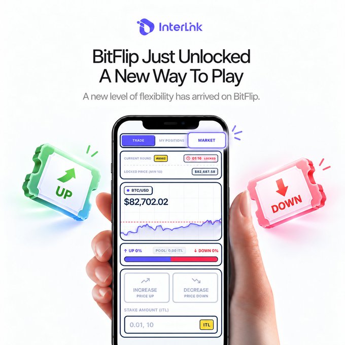 A promotional graphic for InterLink on BitFlip showing a smartphone with a crypto trading interface featuring BTC/USD at $82,702.02, flanked by green 'UP' and red 'DOWN' tokens.