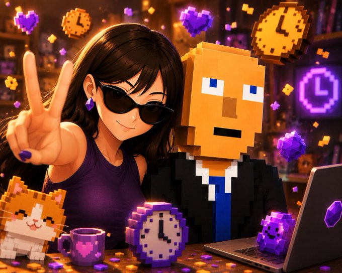 An anime-style girl with sunglasses flashing a peace sign poses next to a blocky, Minecraft-inspired character in a suit, surrounded by pixelated clocks, hearts, and purple crystals, with a cute pixel cat and laptop on the desk. The scene playfully illustrates the post's theme of "clocking in," with clocks scattered throughout reinforcing the "$CLOCKIN" token announcement and gratitude toward "SafZ" for clearing up the Telegram link confusion.