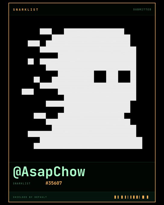 A pixel art portrait of the user @AsapChow (#35607) from Snarklist, showing a white-haired character rendered in a retro 8-bit style with 'SHIELDED BY DEFAULT' at the bottom.