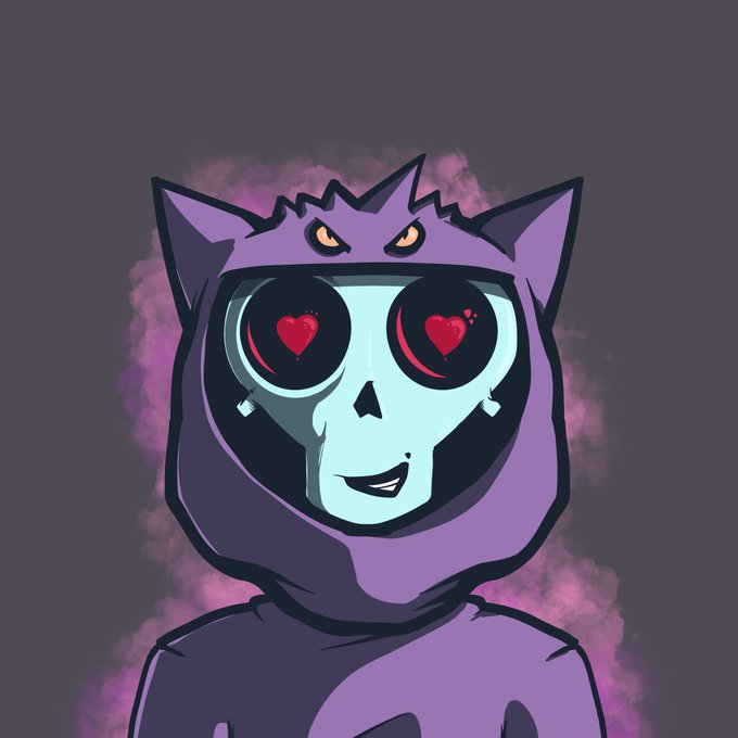 A cartoon illustration of a skeleton character wearing a purple hoodie with cat ears and angry eyes, featuring glowing red heart-shaped eyes against a dark purple background with pink smoke.