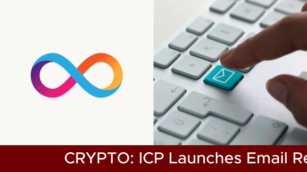 The image features a keyboard with an icon of a colorful infinity symbol next to it. Below this, there's text that reads "ICP Launches Email Recovery for Internet Identity to Eliminate Seed Phrase Risk Internet Computer ( @Dfinity ) officially launches email-based recovery". The focus is on the keyboard and its connection to the email recovery feature being launched by the ICP.